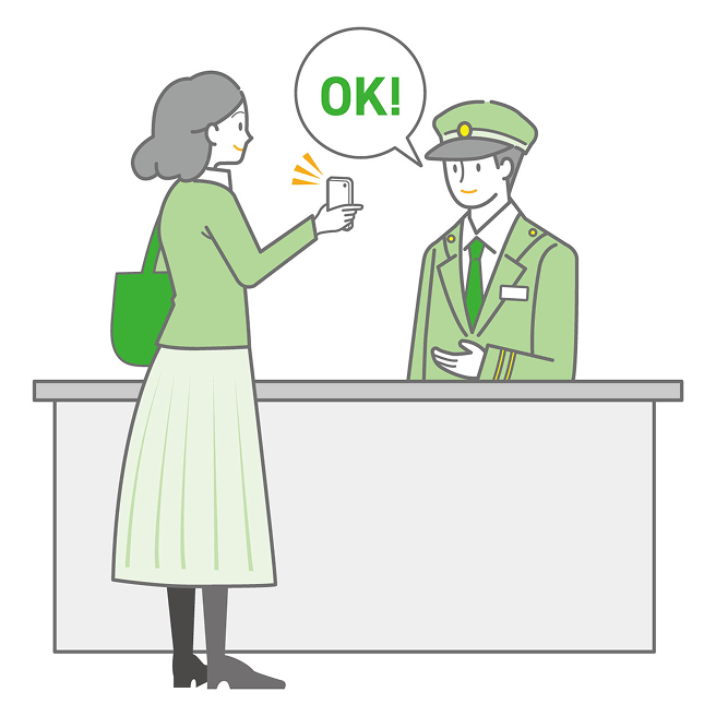 乗務員/駅係員にスマートフォンの画面を見せている様子